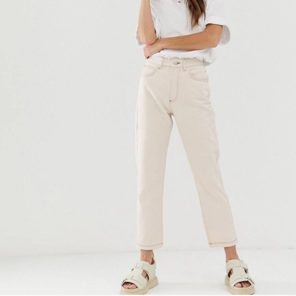 ASOS Reclaimed Vintage contrast stitch straight leg jeans, ecru/cream, size 28
